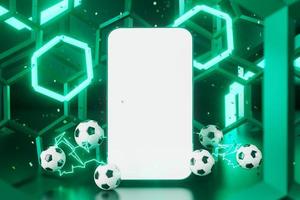 Amerikaans voetbal bal met smartphone scherm beweging effect. sport concept ontwerp. 3d illustrator. blauw achtergrond. sport online live. inzet casino ontwerp. doel wedstrijd. 3d voorwerp veroorzaken. beweging grafisch. foto