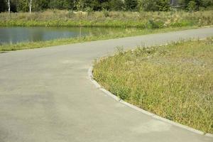 weg in park. asfalt pad en groen gazon. verbetering van park. plaats voor wandelen. foto