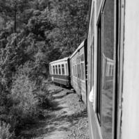 speelgoed- trein in beweging Aan berg helling, mooi visie, een kant berg, een kant vallei in beweging Aan spoorweg naar de heuvel, tussen groen natuurlijk bos.speelgoed trein van kalka naar shimla in india-zwart en wit foto