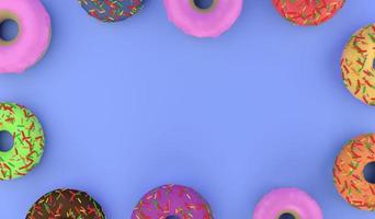 3d renderen top visie donut en topping donut Aan blauw achtergrond . 3d illustratie snel voedsel concept en kopiëren ruimte foto