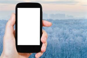 smartphone met besnoeiing uit scherm en bevroren Woud foto