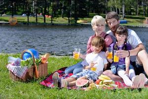 gelukkig familie spelen samen in een picknick buitenshuis foto