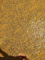 helder rimpelingen Aan de oppervlakte van de water. gouden zand onder de briljant rimpelingen Aan de oppervlakte van de water. Ondiep water strand oppervlak, wazig abstract achtergrond. foto
