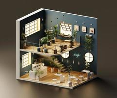 isometrische weergave minimale café winkel open binnen interieurarchitectuur, 3D-rendering. foto