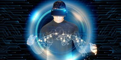 man met vr-bril en kijken naar wereldkaart metaverse technologie navigatie concept virtual reality technologie 3d illustratie foto