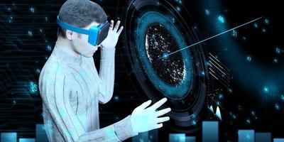 man met vr-bril en kijken naar wereldkaart metaverse technologie navigatie concept virtual reality technologie 3d illustratie foto