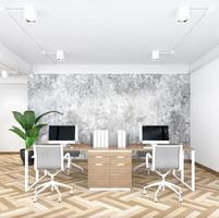 industriële minimalistische stijl kantoorruimte met houten bureau, houten vloer en betonnen muur. 3D-rendering