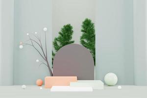 3D render pastel groene minimale achtergrond met podium staan. groen podiumplatform voor cosmetische productpresentatie en reclame. studioscène met showcase-voetstuk in strak design. foto