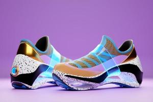 3D illustratie van sneakers met heldere gradiënt holografische print. stijlvol concept van stijlvolle en trendy sneakers foto
