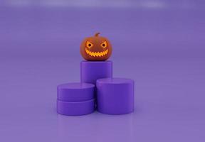 3d renderen van halloween pompoen top van podium binnen kaars gloeiend, minimaal halloween achtergrond ontwerp element foto