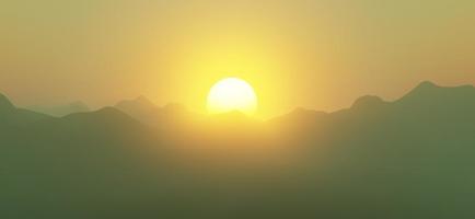 zonsopkomst en zonsondergang in de bergen. illustratie van een mooi donker berg landschap met mist. 3d weergave. foto