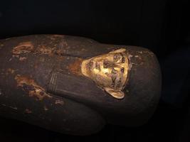 Egyptische sarcofaag geïsoleerd Aan zwart foto