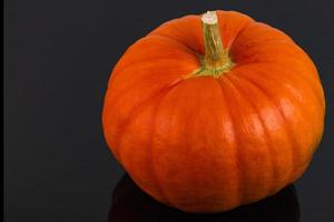 oranje pompoen met een stang, detailopname Aan een zwart achtergrond. herfst achtergrond. kopiëren ruimte. foto