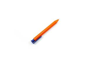 oranje en blauw plastic pen geïsoleerd Aan wit foto