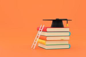 over onderwijs met een ladder resting tegen een stapel van boeken met een diploma uitreiking pet Aan top foto