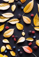 3d illustratie van instagram verhaal sjabloon gemaakt van herfst bessen en geel bladeren foto