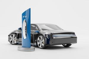 elektrisch voertuig ev auto met energie station opladen 3d renderen foto