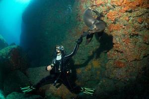 jong puppy Californisch zee leeuw aanraken een scuba duiker foto