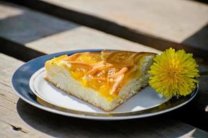 heerlijk taart met abrikoos jam Aan een bord. crostata met marmelade of perzik jam vulling. zelfgemaakte taart toetje met paardebloem jam. foto