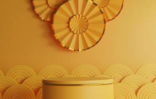 Chinese nieuw jaar stijl goud grens cirkel plint met papier fans en Chinese water Golf patroon Aan geel abstract achtergrond. 3d illustratie, 3d renderen foto