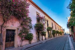 rustiek straat met ramen en bougainvillea bloemen in queretaro, Mexico foto