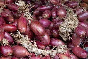 achtergrond met een veel van rood uien, gedeeltelijk gevlochten in staartjes, Bij de markt. foto