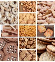 een collage van veel afbeeldingen met divers snoepgoed detailopname. een reeks van afbeeldingen met variëteiten van koekjes, bagels en snoepjes foto