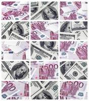 een collage van veel afbeeldingen van euro bankbiljetten in denominaties van 100 en 500 euro aan het liegen in de hoop foto