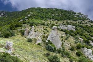 berg landschap, steen pijlers in de het formulier van geesten, steen idolen in een berg vallei, een Ravijn tegen de lucht. foto