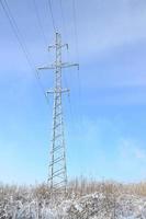 de macht lijn toren is gelegen in een moerassig Oppervlakte, gedekt met sneeuw. groot veld- van geel biezen foto