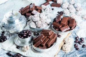 toetje voor kerstmis. assortiment van zoet banketbakkerij met chocola snoepjes en pralines. foto