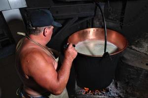 typisch melkboer schijnt zaklamp Aan boiler met melk foto