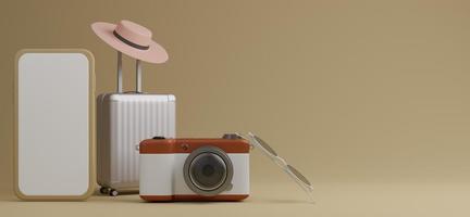 wit bagage met wit scherm mobiel model, zonnebril en camera over- bruin achtergrond reizen concept. 3d renderen foto