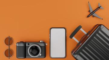 wit scherm mobiel mockup met vliegtuig, camera, bagage, en zonnebril over- oranje achtergrond reizen concept. 3d renderen foto