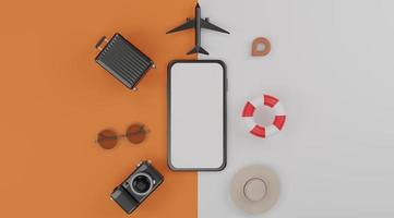 wit scherm mobiel model, zwemmen rubber ring, vliegtuig, hoed, koffer, camera en zonnebril over- oranje achtergrond reizen concept. 3d renderen foto