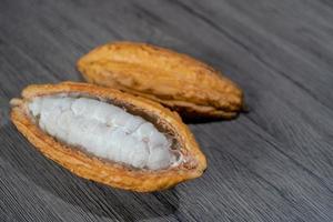 gesneden cacao peul met bonen binnen. vers cacao Bij plantage. foto