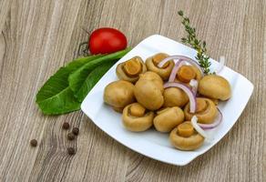 gepekeld champignon Aan de bord en houten achtergrond foto