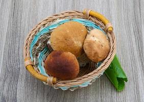 wild champignons Aan houten mand en wit achtergrond foto