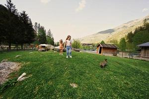 zussen spelen met konijnen Bij untertauern wildpark, Oostenrijk. foto