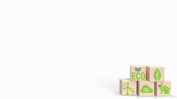 de eco icoon Aan hout kubus voor ecologie concept 3d renderen foto