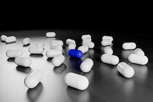 blauw pil tussen wit pillen Aan zwart achtergrond 3d veroorzaken. foto