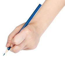 hand- schrijft door blauw potlood geïsoleerd Aan wit foto
