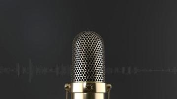 detailopname elegant gouden microfoon frontaal Aan een zwart achtergrond met geluid golven. podcast concept. foto