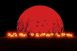 halloween pompoenen glimlach en eng ogen met vleermuizen en graven achtergrond. met een groot roze maan, 3d veroorzaken, spandoek. foto