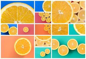 een collage van veel afbeeldingen met sappig sinaasappelen. reeks van afbeeldingen met fruit en verschillend kleuren foto