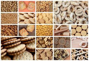 een collage van veel afbeeldingen met divers snoepgoed detailopname. een reeks van koekjes, bagels en snoepjes foto