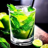 vers mojito alcohol cocktail tekening met limoen, munt bladeren en ijs. afbeelding en beeld voedsel illustratie voor achtergrond inhoud foto