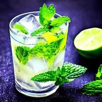 vers mojito alcohol cocktail tekening met limoen, munt bladeren en ijs. afbeelding en beeld voedsel illustratie voor achtergrond inhoud foto