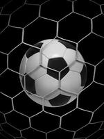 schieten voetbal bal in doel, netto Aan zwart geïsoleerd achtergrond foto