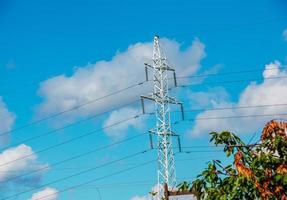 hoog Spanning post tegen Doorzichtig blauw lucht. foto